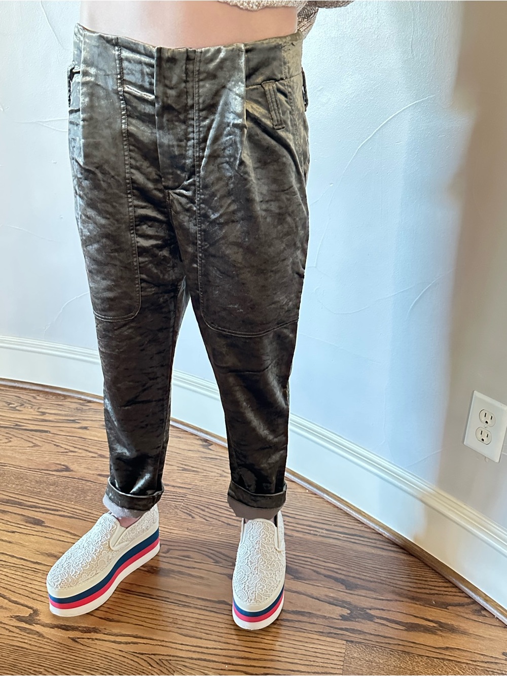 BRUNELLO CUCINELLI Crushed Velvet Pants in Olive Size 8/44IT🌸